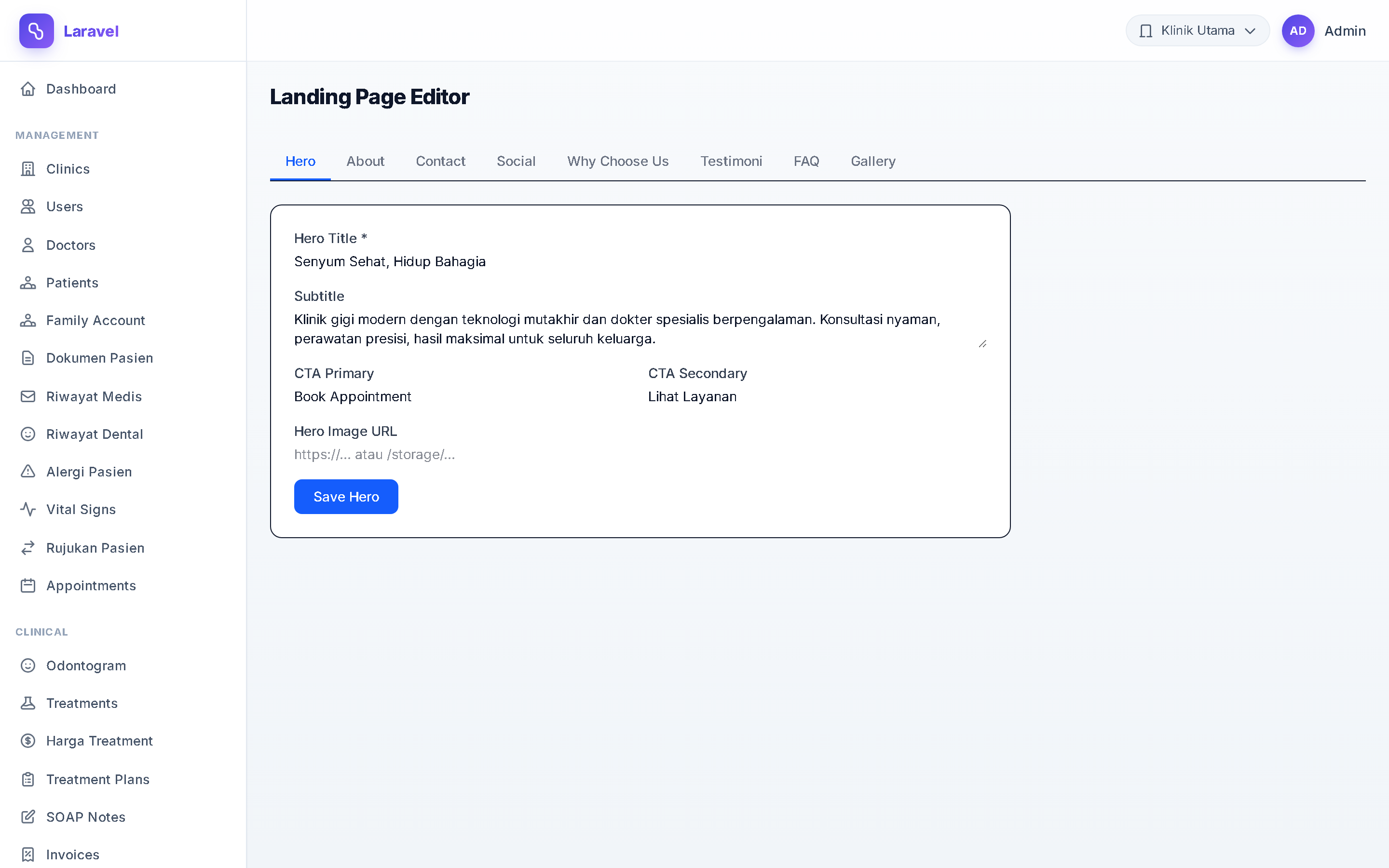 Screenshot Landing Page CMS