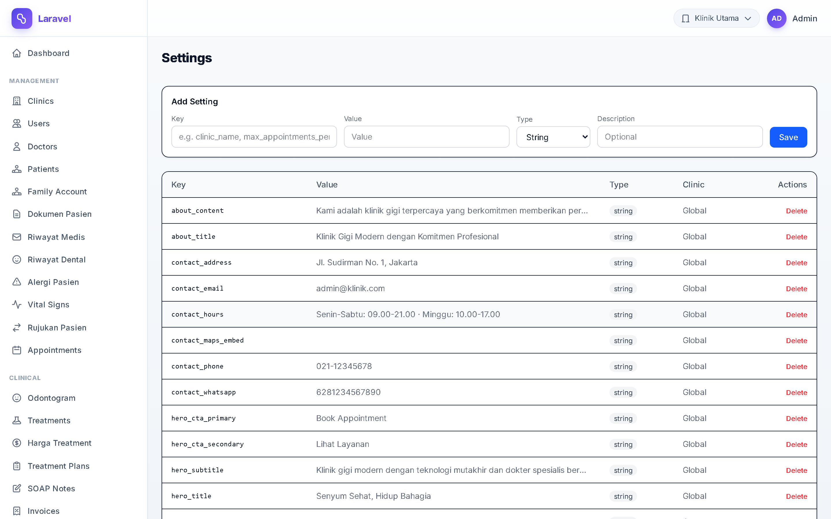 Screenshot Settings Klinik