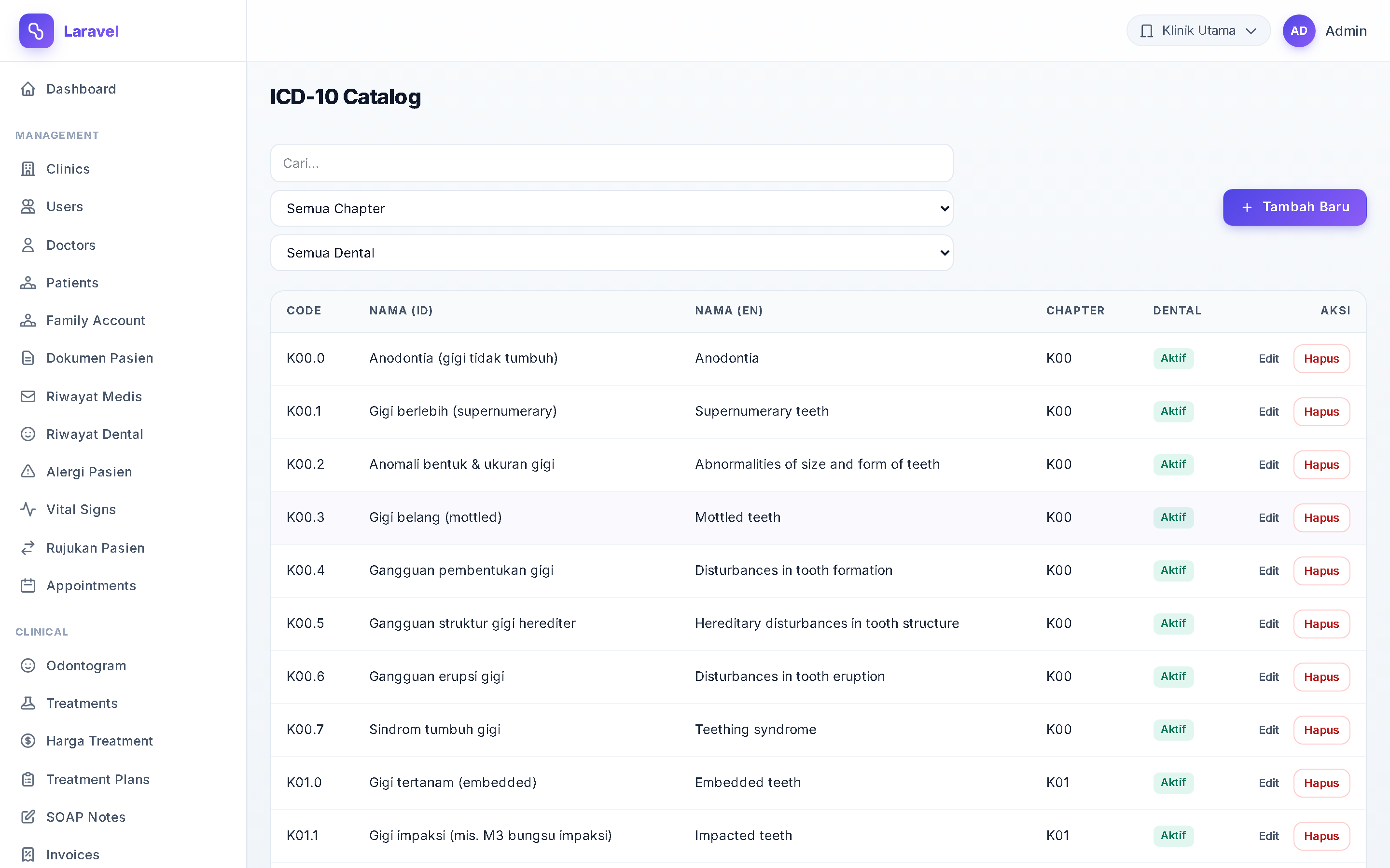 Screenshot ICD-10 Catalog (Dental)